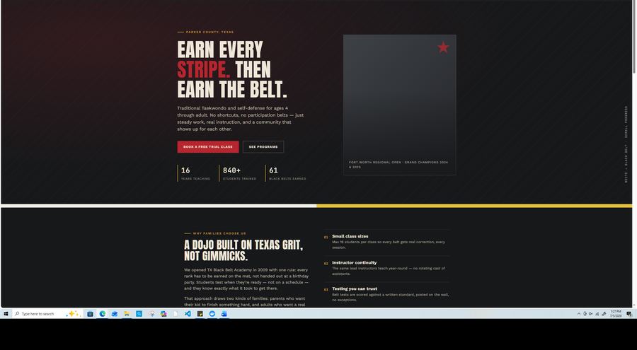 Martial arts academy website screenshot